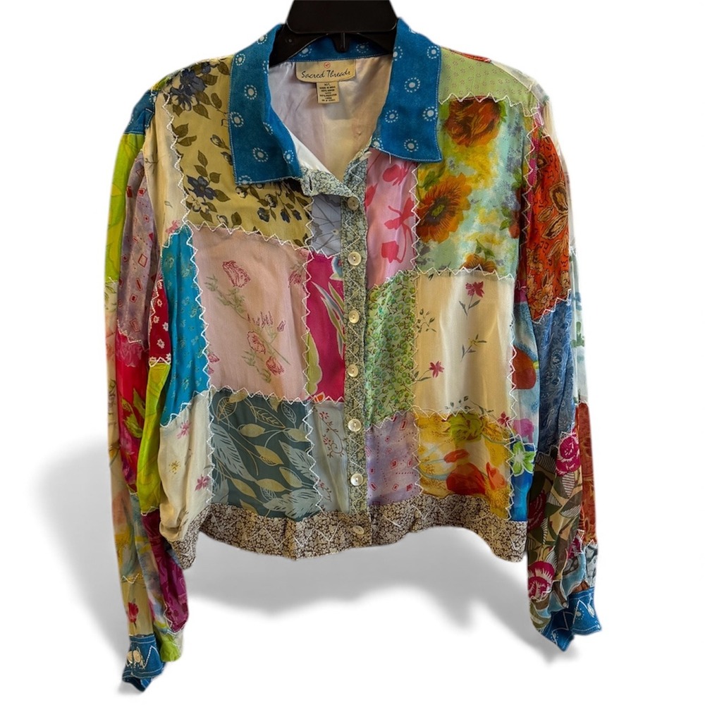Sacred Threads Patchwork Button Up Shirt Women M/… - image 1